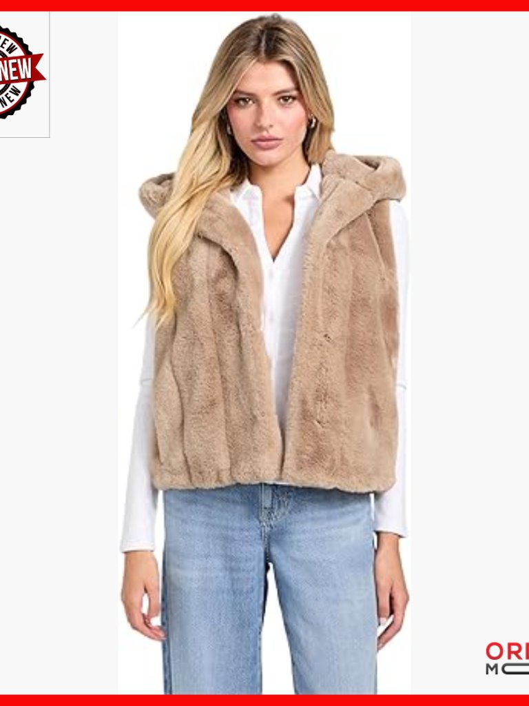 Faux Fur Vest With Hood, Side Pockets, Hook & Eye Closure